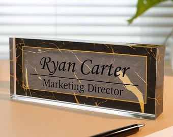 Personalized Black Marble Acrylic Desk Name Plate: Executive Office Gift