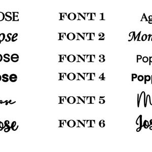 Peut inclure: Sur fond blanc, des exemples de texte du nom "Derrick Rose" dans diff&eacute;rentes polices sont pr&eacute;sent&eacute;s. L'image comprend les textes "FONT 1" &agrave; "FONT 6" et des noms de polices comme "Agatho Medium" et "Monotype Corsiva".