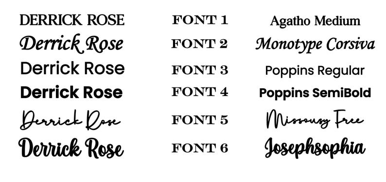 Peut inclure: Sur fond blanc, des exemples de texte du nom "Derrick Rose" dans diff&eacute;rentes polices sont pr&eacute;sent&eacute;s. L'image comprend les textes "FONT 1" &agrave; "FONT 6" et des noms de polices comme "Agatho Medium" et "Monotype Corsiva".