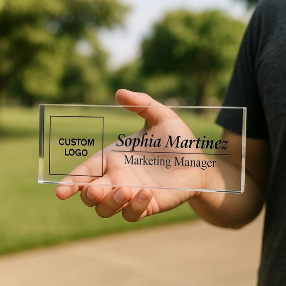 Custom Logo Desk Name Plate | Clear Acrylic Office Sign | Personalized Corporate Desk Plaque