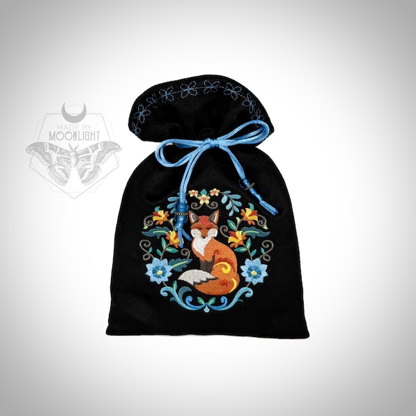 Embroidered FOLK-ART FOX Tarot Card Bag • Faux Suede Drawstring Pouch