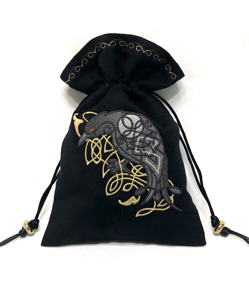 CELTIC RAVEN · Embroidered Drawstring Dice Bag · Rune Pouch · Tarot Card Bag made of faux suede · LARP Costume Accessory CELTIC RAVEN · Embroidered Drawstring Dice Bag · Rune Pouch · Tarot Card Bag made of faux suede · LARP Costume Accessory