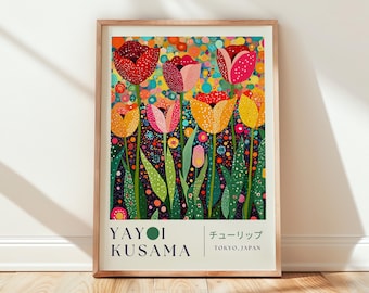 Yayoi Kusama Colorful Tulip Print, Inspired by Japanese Dot Style, Modern Botanical Digital Download
