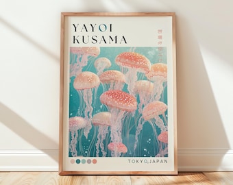 Yayoi Kusama Print – Pink Jellyfish Wall Art  Japanese Modern Ocean Art,  Minimalist Poster