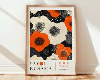 Yayoi Kusama Inspired Floral Wall Art Print, Modern Japanese Dot Pattern Flowers, Black Orange Abstract Botanical Art, Digital Download