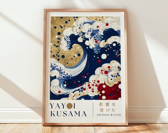 Yayoi Kusama Print Inspired, Japanese Wave Abstract Wall Art Print, Infinity Waves Gold & Blue Digital Download , Modern Japandi Ocean Art