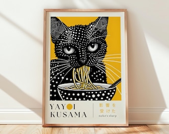 Yayoi Kusama Inspired Cat Wall Art Black Cat Noodle Poster