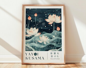 Yayoi Kusama Inspired Lotus Wall Art , Modern Japanese Print,  Polka Dot Lotus Flowers ,Minimalist Blue Botanical Poster