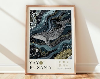 Yayoi Kusama Inspired Whale Art, Abstract Ocean Wall Art Print, Japanese Pop Art Poster, Luxury Blue Gold Whale Decor, Digital Download