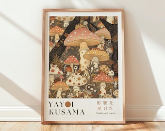 Yayoi Kusama Inspired Mushroom Forest Art, Whimsical Polka Dot Fungi Print, Vintage Botanical Mushroom Poster