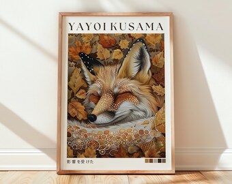 Yayoi Kusama Inspired Whimsical Autumn Fox Wall Art, Polka Dot Animal Print, Cozy Fall Woodland Digital Download Decor, Instant Download