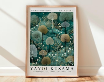 Yayoi Kusama Inspired Tree Landscape Wall Art Print, Minimalist Japanese Nature Poster Contemporary Botanical Green Forest, Instant Download