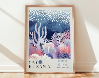 Yayoi Kusama Inspired Ocean Coral Wall Art, Modern Abstract Sea Life Print, Japanese Polka Dot Digital Artwork,Coastal Minimalist Home Decor