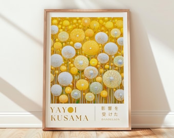 Yayoi Kusama Golden Dandelion Wall Art Print , Inspired Dots Artwork, Modern Minimalist Yellow Floral Poster, Digital Download Home Decor