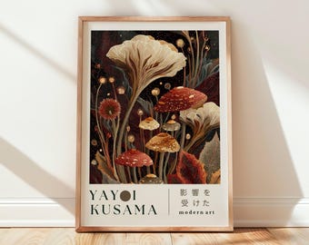Yayoi Kusama Inspired Mushroom Wall Art Print, Modern Botanical Poster, Psychedelic Fungi Artwork, Home Decor Instant Download