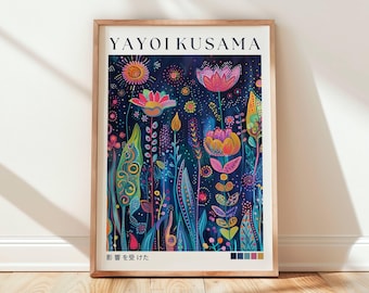 Yayoi Kusama Inspired Floral Wall Art Print, Colorful Abstract Flower Poster, Modern Japanese Pop Art, Whimsical Botanical Decor