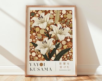 Yayoi Kusama Inspired White Lily Dot Print, Modern Japanese Wall Art, Abstract Botanical Polka Dot Poster, Instant Download