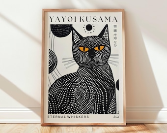 Yayoi Kusama Inspired Modern Black Cat Wall Art Print, Abstract Cat Poster, Minimalist Polka Dot Cat Artwork, Japanese Style Home Decor