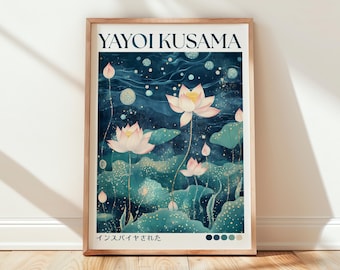 Yayoi Kusama Inspired Lotus Garden Wall Art Print ,  Whimsical Floral Polka Dot Poster