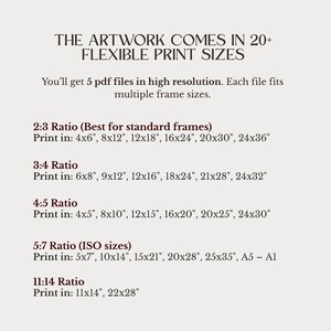 Puede incluir: Gr&aacute;fico beige con texto que detalla los tama&ntilde;os de impresi&oacute;n flexibles para obras de arte. El texto enumera varias proporciones, incluyendo 2:3, 3:4, 4:5, 5:7 y 11:14, con los tama&ntilde;os de impresi&oacute;n correspondientes en cm. La obra de arte viene en m&aacute;s de 20 tama&ntilde;os de impresi&oacute;n.