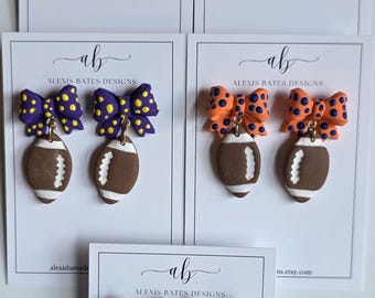 Custom Football Earrings with Bow: Handmade Polymer Clay Team Spirit