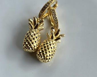 Gold Pineapple Charm Huggie Earrings | Sparkling CZ Tropical Summer Jewelry