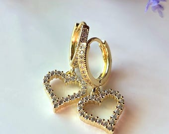 CZ Heart Dangle Huggie Earrings | 18k Gold Plated Bow Hoops