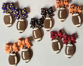 Custom Football Earrings with Bow: Handmade Polymer Clay Team Spirit