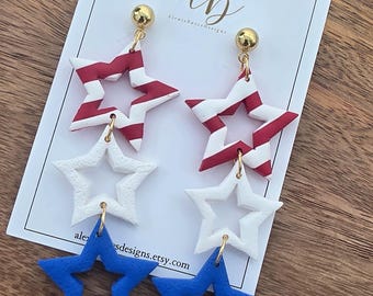 Red White Blue Star Earrings | Layered Polymer Clay Dangle Jewelry