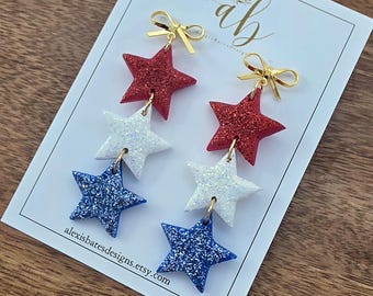 Glitter Star Earrings | Red White Blue Dangle | 18k Gold Bow Connectors