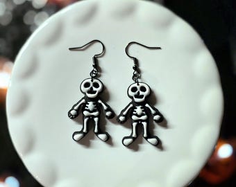 Handmade Polymer Clay Skeleton Earrings, Gothic Halloween Jewelry, Lightweight Hook Earrings