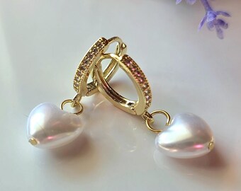 Pearl Heart Dangle Huggie Earrings | 18k Gold Plated