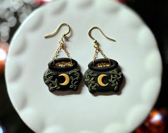 Handmade Polymer Clay Cauldron Earrings, Crescent Moon, Gothic Halloween Jewelry