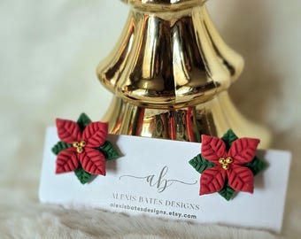 Polymer Clay Poinsettia Stud Earrings • Christmas Flower Studs • Handmade Holiday Jewelry • 18K Gold Posts