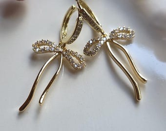 Gold Bow Drop Earrings | Cubic Zirconia Huggie Hoops