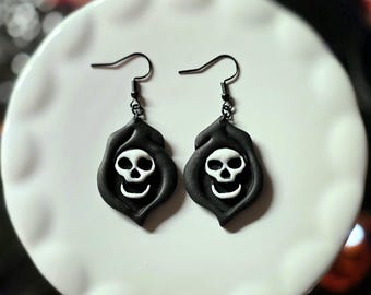 Handmade Polymer Clay Phantom Earrings, Gothic Hooded Skull, Halloween Jewelry