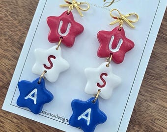 USA Star Earrings | Red White Blue Patriotic Dangle Jewelry | Gold Bow Accents