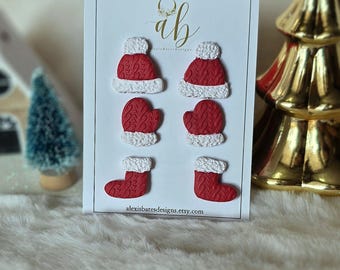 Christmas Polymer Clay Stud Earrings Set • Beanie, Mittens & Stockings • Holiday 3-Pack • Handmade Christmas Studs