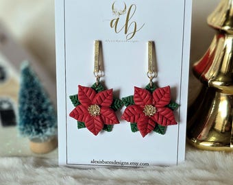 Poinsettia Christmas Earrings • Polymer Clay Poinsettia Dangles • Handmade Holiday Earrings • 18k gold-plated post