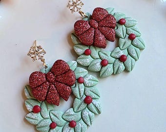 Polymer Clay Christmas Wreath Earrings with Red Glitter Bow | Handmade Holiday Earrings | Festive Christmas Jewelry Gift for Her