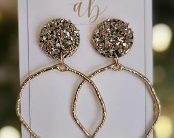 Handmade Gold Glitter Polymer Clay Hoop Earrings • Party Jewelry