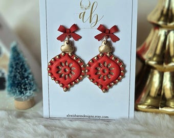 Red Ornament Polymer Clay Earrings • Christmas Bauble Earrings with Gold Bow Stud • Holiday Statement Jewelry