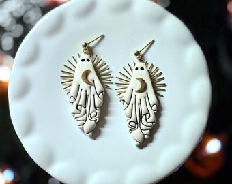 Handmade Polymer Clay Ghost Earrings, Gold Crescent Moon, Starburst Charm, Halloween Jewelry