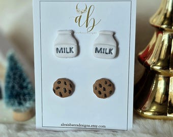 Christmas Milk & Cookies Polymer Clay Stud Earrings – Cute Holiday Treat Stud Pack, Handmade Christmas Gift