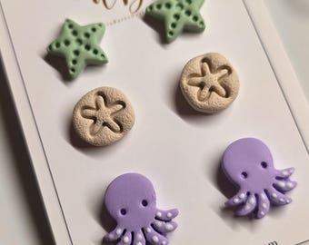 Build Your Own Beach Stud Earrings | Polymer Seashell, Starfish, Octopus, Sand Dollar, Flower Mix-and-Match