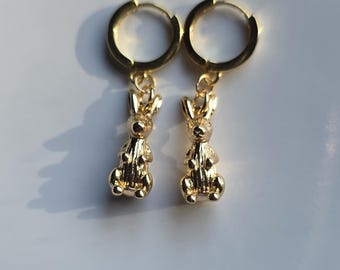 18K Gold Plated Bunny Huggie Earrings, 3D Rabbit Charm Hoops, Hypoallergenic Spring Jewelry