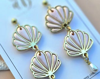 Seashell Dangle Earrings | Gold Bezel Polymer Clay Coastal Jewelry