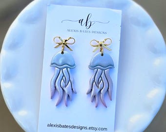 Ombre Jellyfish Earrings | Blue Purple Polymer Clay Earrings | Gold Bow Stud | Coastal Statement Jewelry