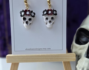 Floral Skull Earrings – Polymer Clay Catrina Jewelry for Day of the Dead