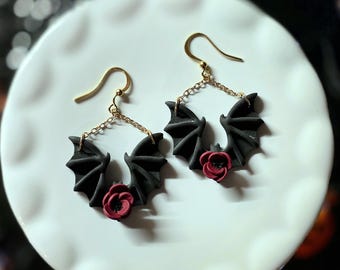 Handmade Polymer Clay Bat Flower Earrings, Gothic Halloween Jewelry (2.25 inches)